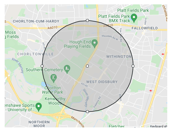 A map displaying the area in which students had to live to gain a place at Didsbury High School in 2024.