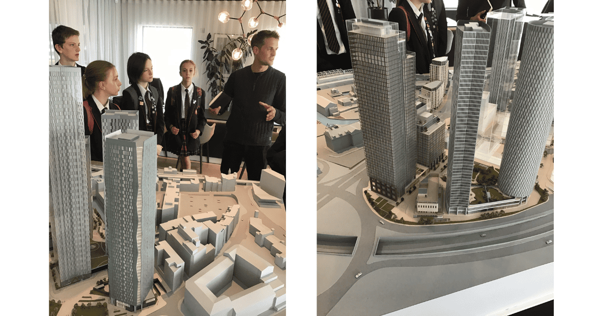Two photos taken in the Renaker Marketing Suite. Left: Didsbury High School students standing and listening to a Renaker employee describe the Great Jackson Street area developments. On a table in the foreground is a scale model of the Deansgate Square and Crown Street developments. Right: A close up of the scale models, showing Crown Street Primary School between Elizabeth Tower and The Blade.