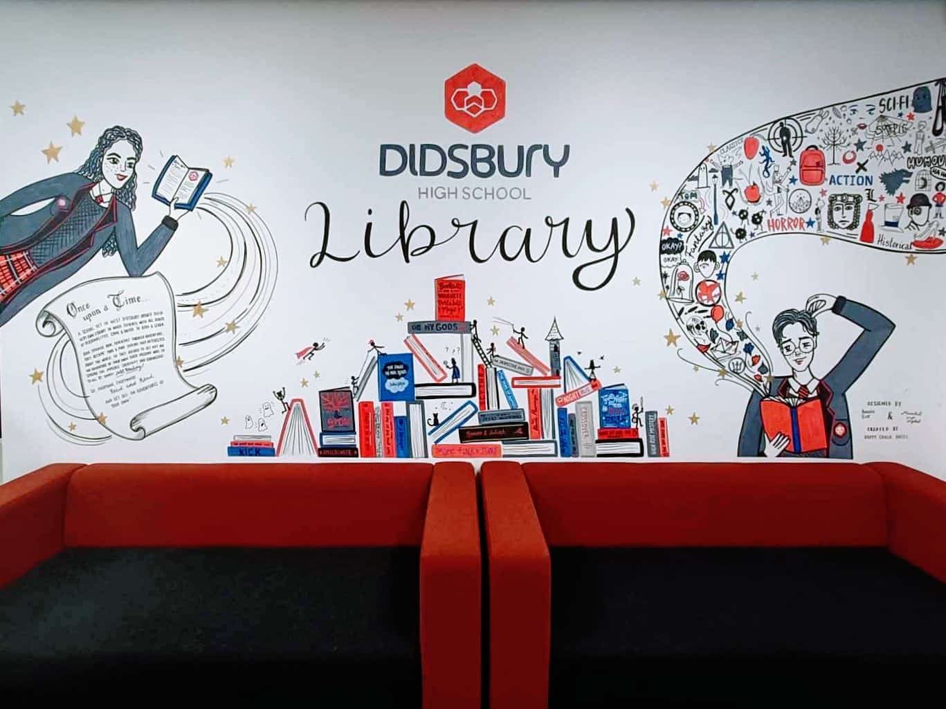 Didsbury High School Library new mural by Happychalkhazel, designed by students.