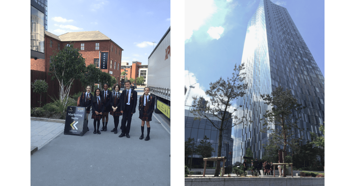 Two photos. Left: Six DEC Award students from Didsbury High School stand smiling next to a sign that reads 'Marketing Suite << Renaker' Right: A photo of one of the Renaker towers, taken from ground level with a fisheye lens effect, highlights the sheer scale of the building as students walking in the foreground appear tiny in comparison.