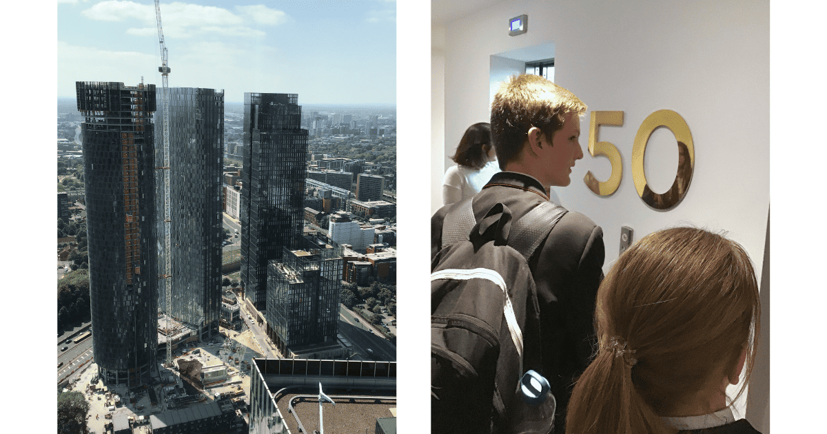 Two photos. Left: The view from the 50th floor of a tower shows the progressing Renaker developments in the Great Jackson Street area with Manchester city centre in the background. Visible, from left to right, are: Three60, The Blade, Crown Street Primary School, Elizabeth Tower, and Crown Street Residence. Right: Two Didsbury High School students and a teacher look at a '50' sign as they stand on the 50th floor of the tower.