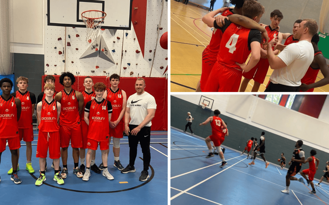 A collage of three images of the Didsbury High School Under 16 basketball team. They stand together after a Top 4 finish in the Basketball England semi final in the first image. The second image shows them in a huddle during the quarter final. The third shows players running during the semi final match.