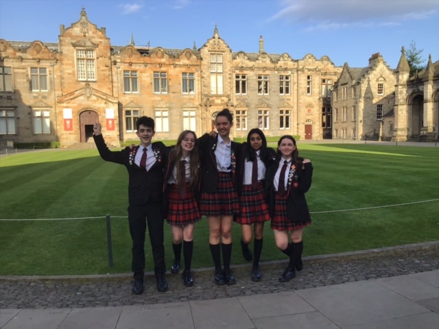The Didsbury High School students who competed in the Ethics Cup final stand outside of the University of St Andrews