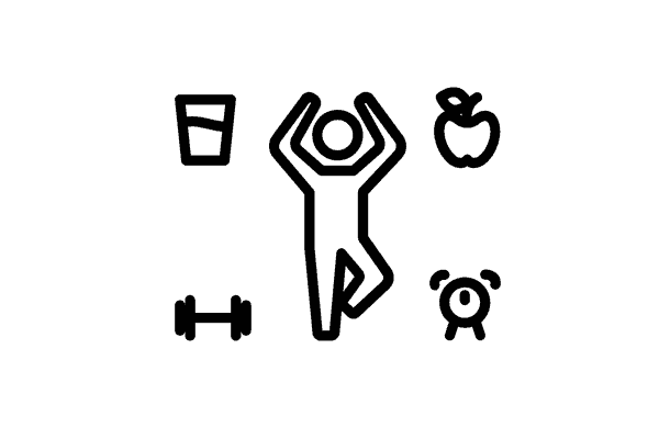 Stay Healthy An icon shows a person stretching, surrounded by a weight, a glass of water, an apple, and an alarm clock - symbolising a healthy lifestyle